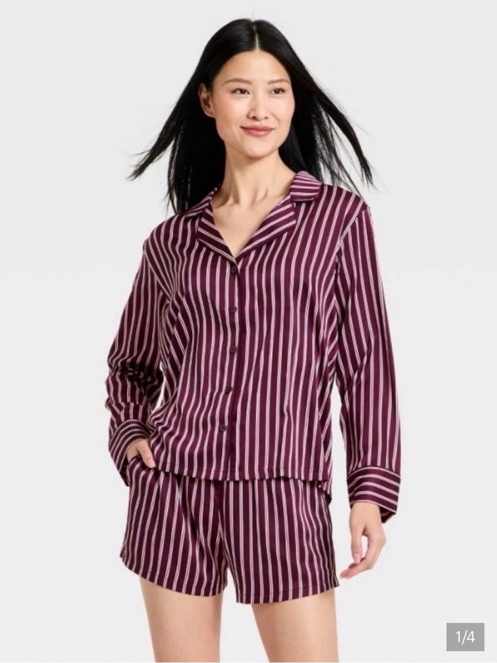Auden Women’s Striped Luxe Satin Pajama Giftable Set in burgundy size XS - Picture 2 of 6